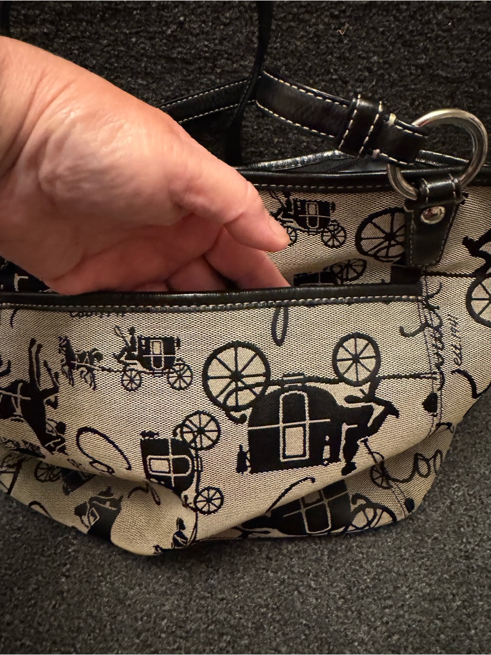 Vintage Coach Horse & Carriage Tote Bag, Black & Grey Jacquard Canvas Shoulder B - Picture 6 of 16